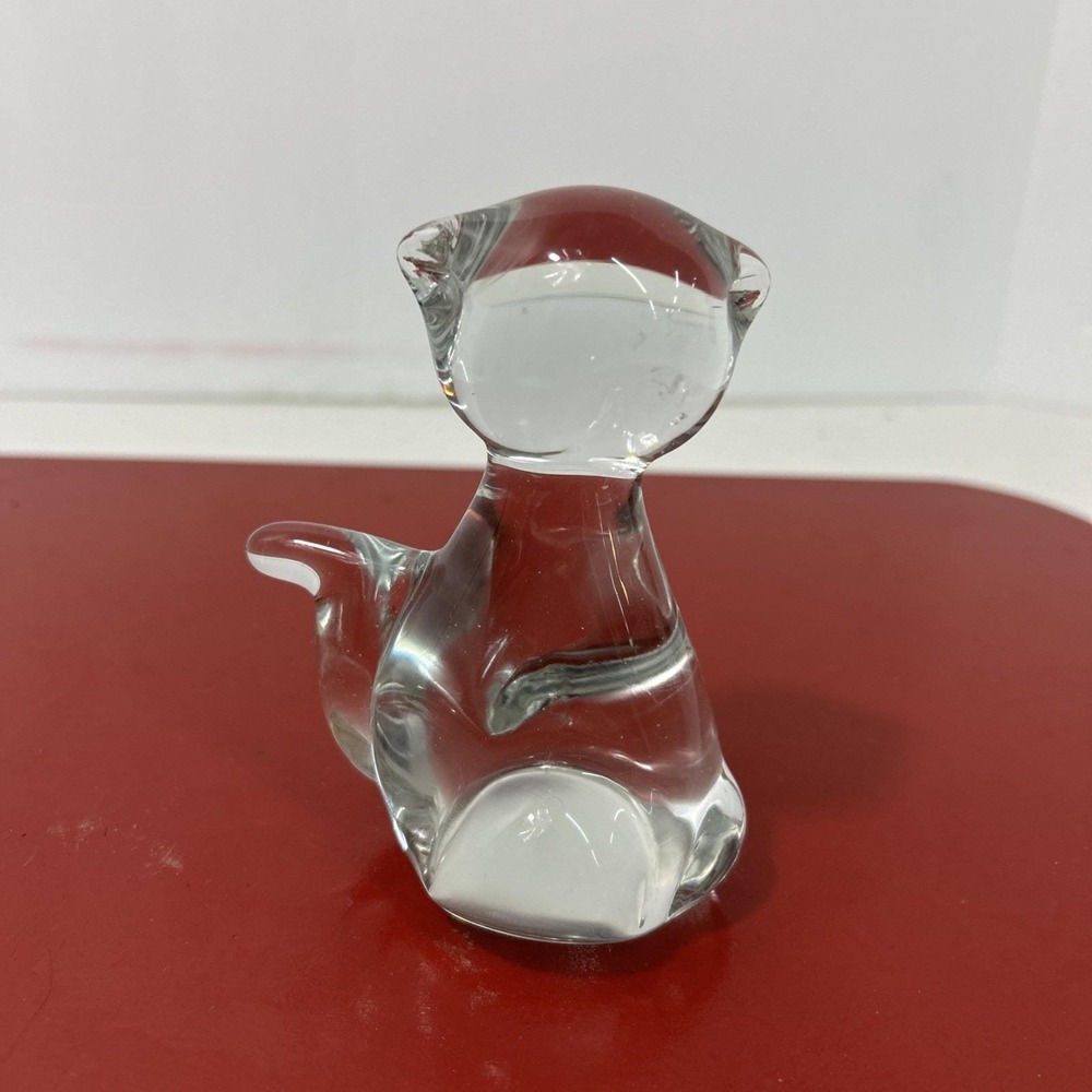 Vintage Cobalt Blue Clear Art Glass Cat Paperweight Hand Blown Kitty Figurine